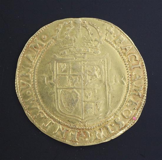 A James I gold Unite, Second coinage, Fourth Bust m.m. trefoil, 1612, VF